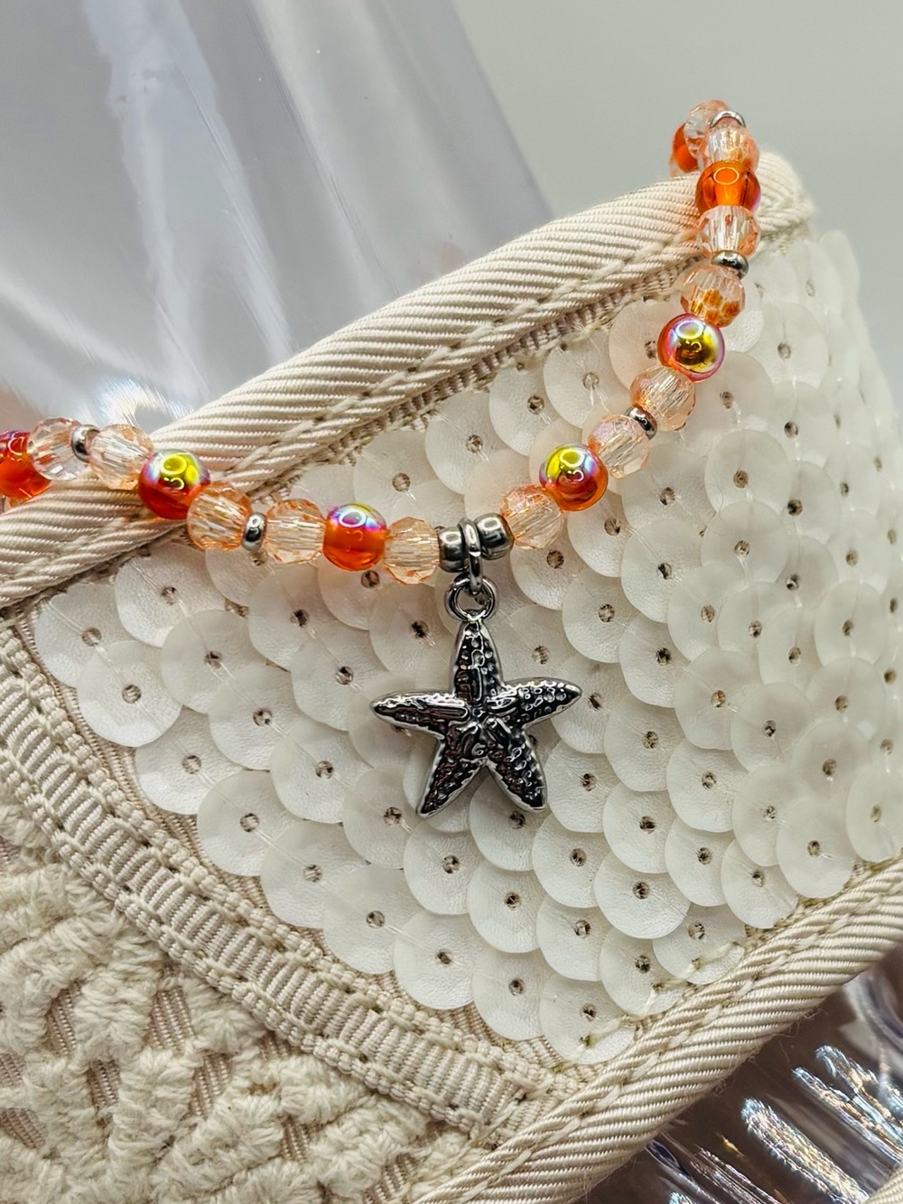 *ANKLET* S. Steel Starfish & AB Orange Crystal with Orange Glass Stretchy Anklet - Picture 5 of 6